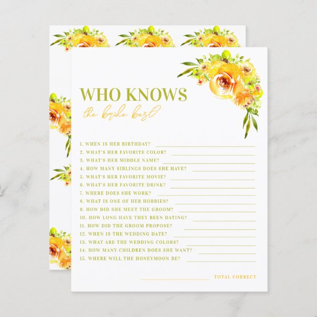 Lámina Citrus Yellow Floral Who Knows the Bride Best Game (Anverso / Reverso)