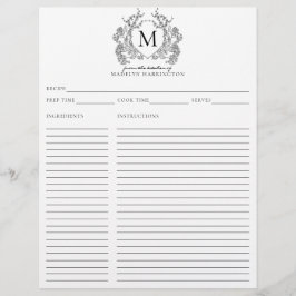 Lámina Clásica Receta de Monograma de Escudo floral negro