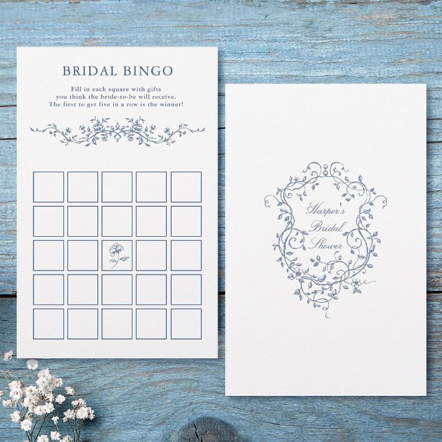 Lámina Clásico juego de bingo de novia floral azul (Front & Back)