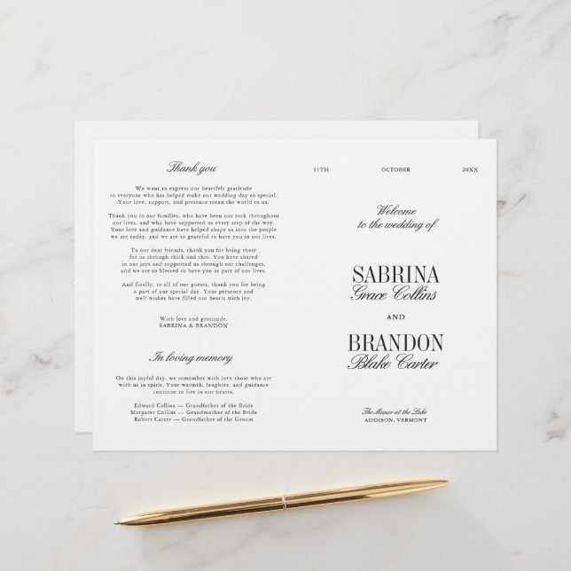 Lámina Classic Black & White Modern Wedding Program (Anverso/Reverso In Situ)