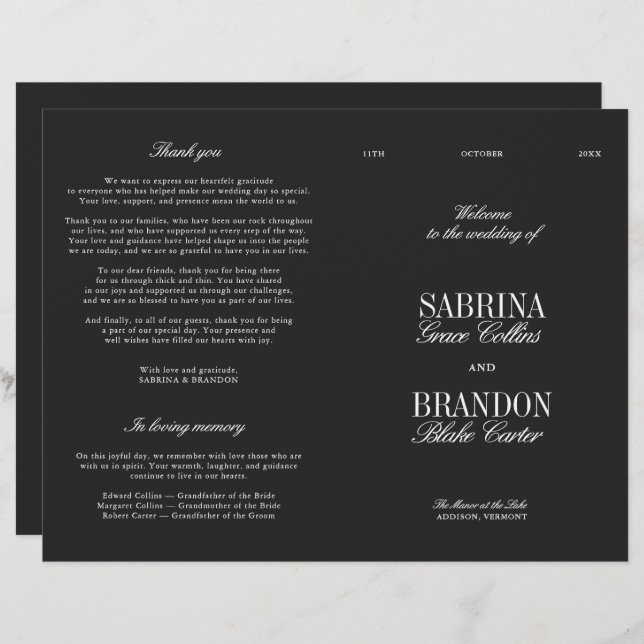 Lámina Classic Black & White Modern Wedding Program (Anverso / Reverso)