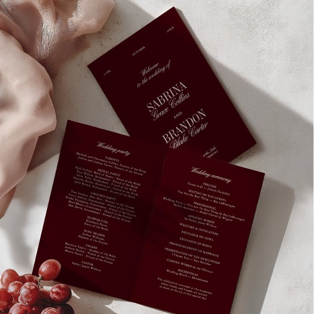 Lámina Classic Burgundy & Ivory Modern Wedding Program (Classic Burgundy & Ivory Modern Wedding Program)