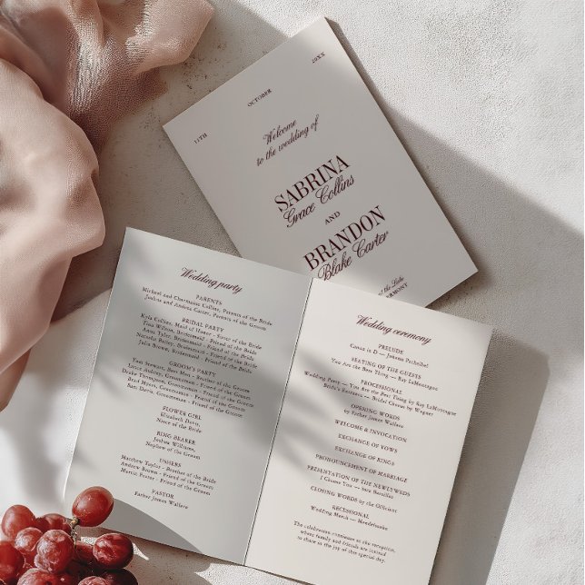 Lámina Classic Ivory & Burgundy Modern Wedding Program (Classic Ivory & Burgundy Modern Wedding Program)