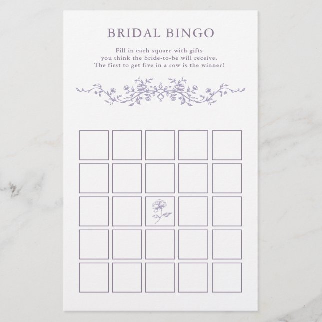 Lámina Classy French Lavender Floral Bridal Bingo Game  (Anverso)