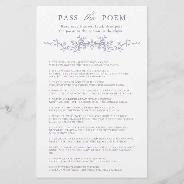 Lámina Classy Lavender Floral 'Pass the Poem' Game  (Anverso)
