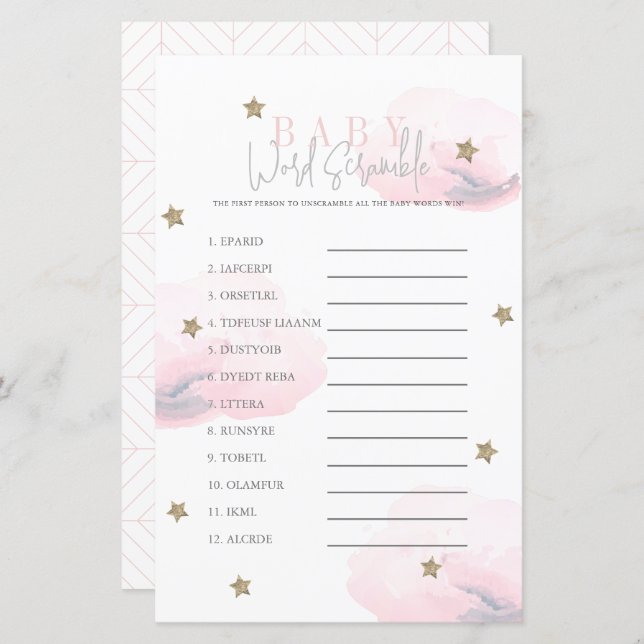 Lámina Cloud 9 Gold Stars Pink Baby Shower Word Scramble (Anverso / Reverso)