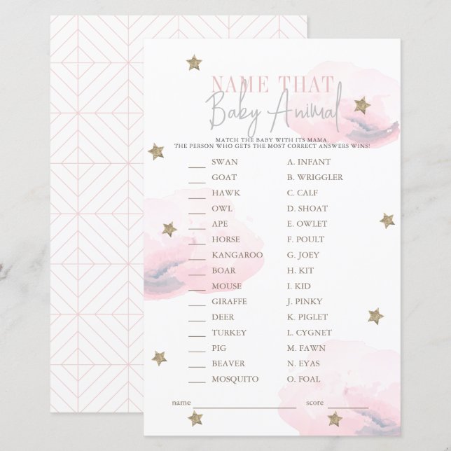Lámina Cloud 9 Star Pink Baby Shower nombra animal bebé (Anverso / Reverso)