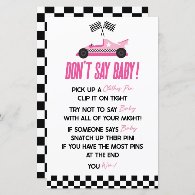 Lámina Coche de raza rosa no dicen juego de Baby Shower (Anverso / Reverso)