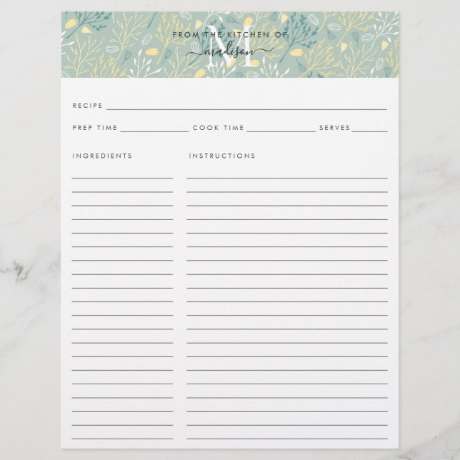 Lámina Cocina Cuta Monograma Receta Botánica Verde azulad (Anverso)