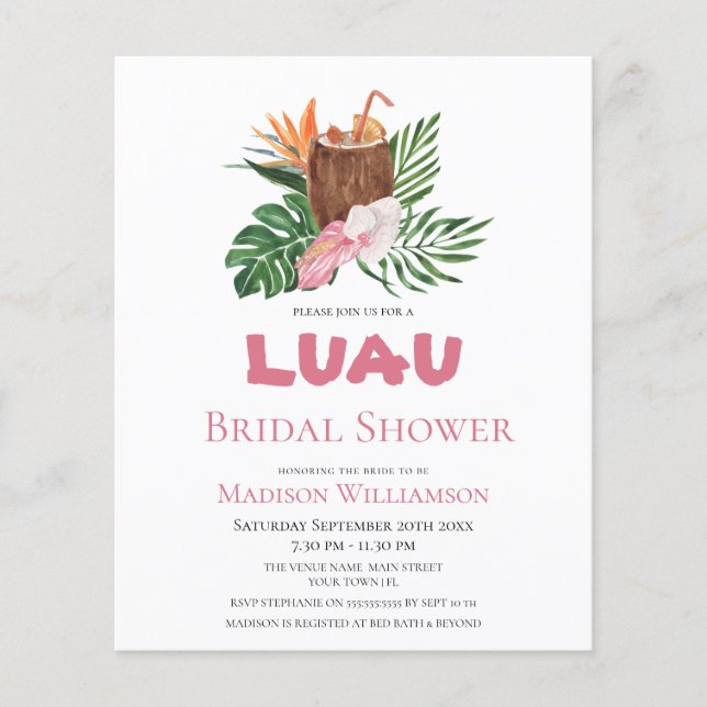 Lámina Cocktail Tropical Presupuestario Luau Bridal Showe (Anverso)