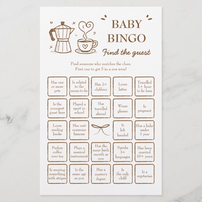 Lámina Coffee Find the Guest Baby Bingo Game (Anverso)
