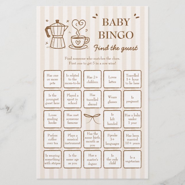 Lámina Coffee Find the Guest Baby Bingo Game (Anverso)