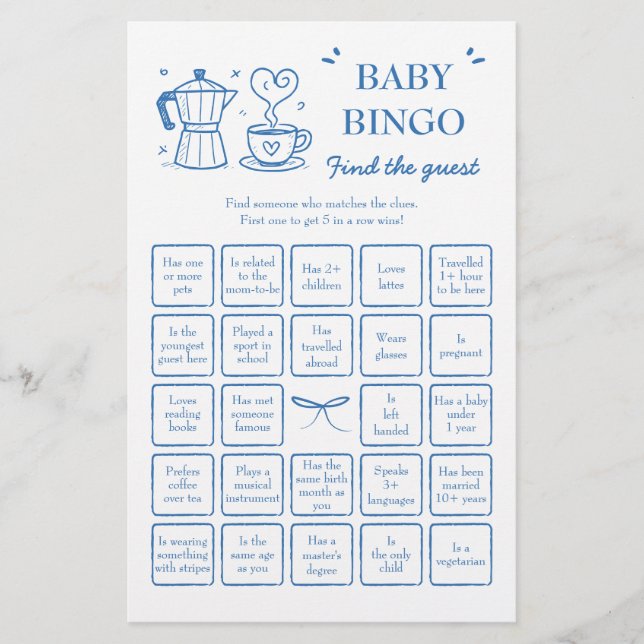 Lámina Coffee Find the Guest Baby Bingo Game (Anverso)