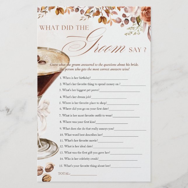 Lámina Coffee Martini What Groom Say Bridal Shower Game (Anverso)
