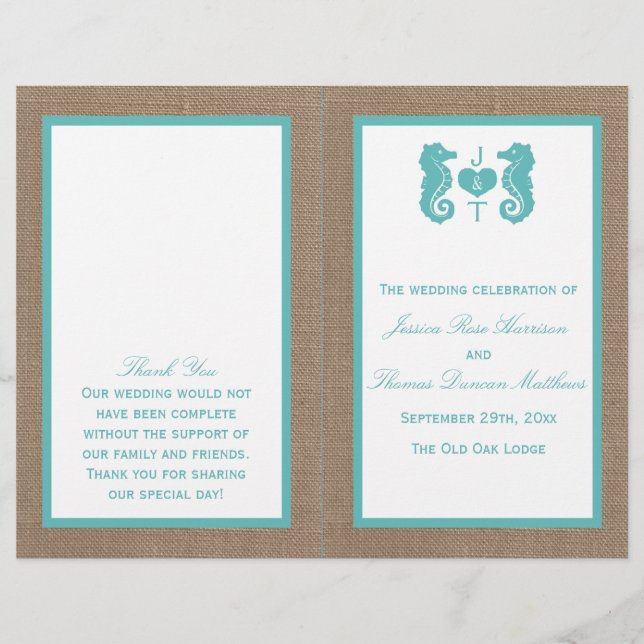 Lámina Colección de Bodas Turquoise Seahorse Burlap Beach (Anverso)
