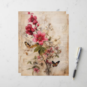 Lámina Collage de flores borgoña sobre fondo desgastado