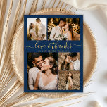 Lámina Collage de fotos de presupuesto Boda de la Marina<br><div class="desc">Boda de Collage de fotos Budget Elegant Gold y Navy Script 5 Gracias viajero de bajo presupuesto personalizado. Plantilla de agradecimiento boda moderno que incluye cinco (5) fotos en la parte delantera y una (1) foto en la parte posterior. En la parte delantera del papel "Amor y gracias" tipografía script...</div>