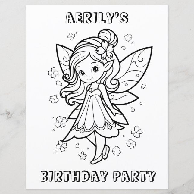 Lámina Coloring book fairy birthday party activity page  (Anverso)