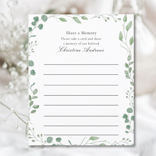 Lámina Compartir una asistencia al servicio de funerales  (Share a Memory!  Minimal, elegant, funeral service attendance white card, eucalyptus design.)