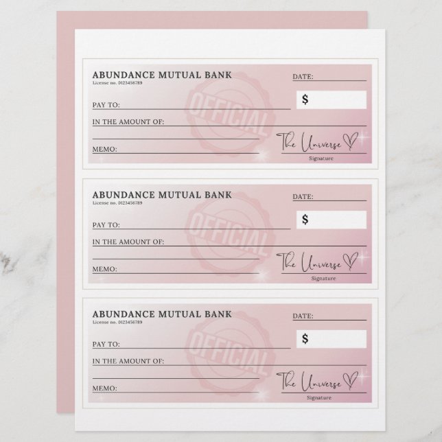 Lámina Comprobación de abundancia: cheques en blanco de l (Anverso / Reverso)