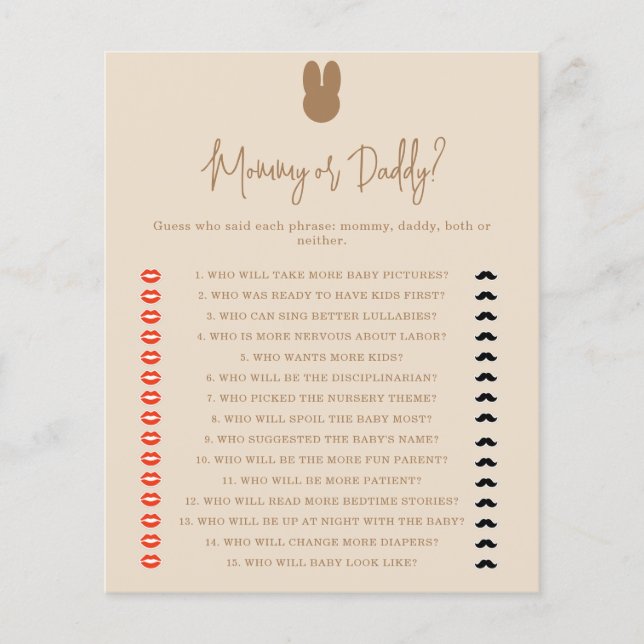 Lámina Conejito mami o papi juego de ducha de bebé (Anverso)