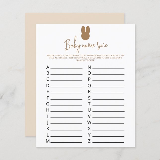 Lámina Conejito simple Juego de carreras de nombre de beb (Anverso / Reverso)