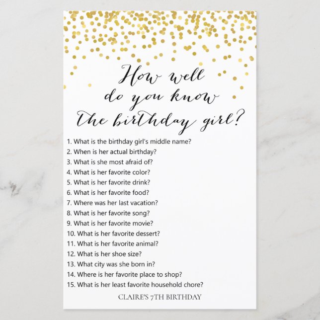 Lámina Confetti de oro ¿Qué tan bien conoces al chica de  (Anverso)