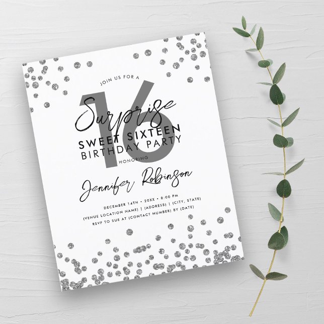 Lámina Confetti Plata Elegante Presupuestario Dulce 16 In (Budget Elegant Silver Confetti Sweet 16 Invite)