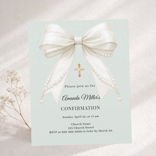Lámina Confirmation bow ivory pearls sage invitation (Subido por el creador)