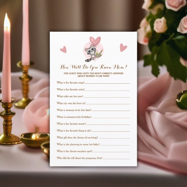 Lámina ¿Conoces A Mamá En El Juego De Baby Shower De Racc (Cute Raccoon Baby Shower Game Do You Know Mom?)