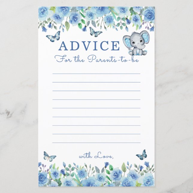 Lámina Consejo de Baby Shower Elephant Dusty Blue para pa (Anverso)
