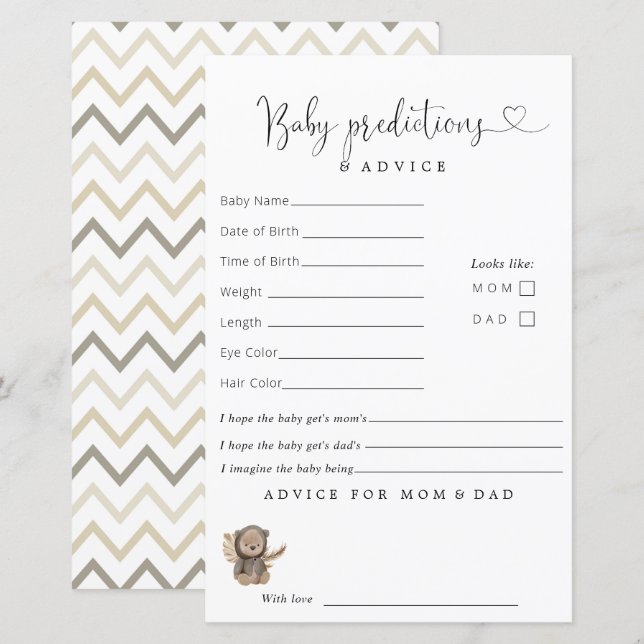 Lámina Consejo de Predicciones de Baby Shower Boho Teddy  (Anverso / Reverso)