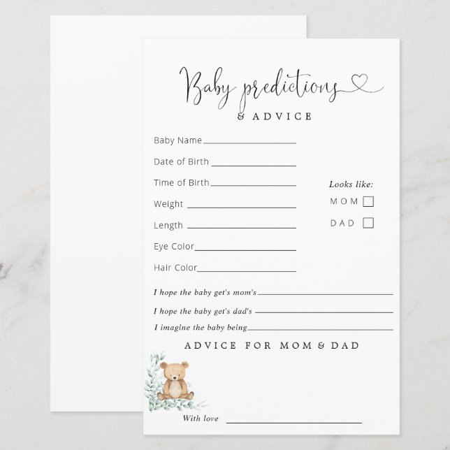 Lámina Consejo de Predicciones de Baby Shower de Verenery (Anverso / Reverso)