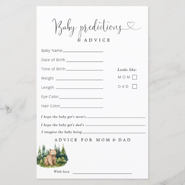 Lámina Consejo de Predicciones de Baby Shower de Woodland (Anverso)