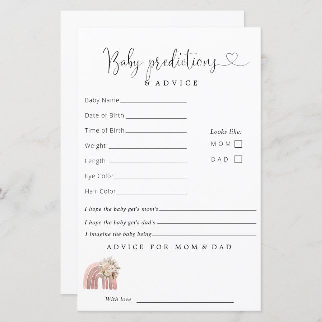 Lámina Consejo de Predicciones de Baby Shower del Boho Ra (Anverso / Reverso)