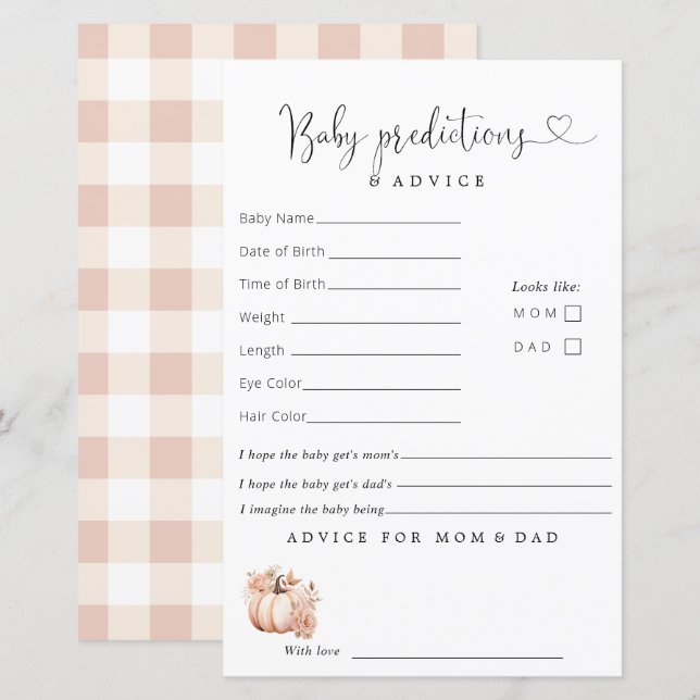 Lámina Consejo de Predicciones de Baby Shower para la Cal (Anverso / Reverso)