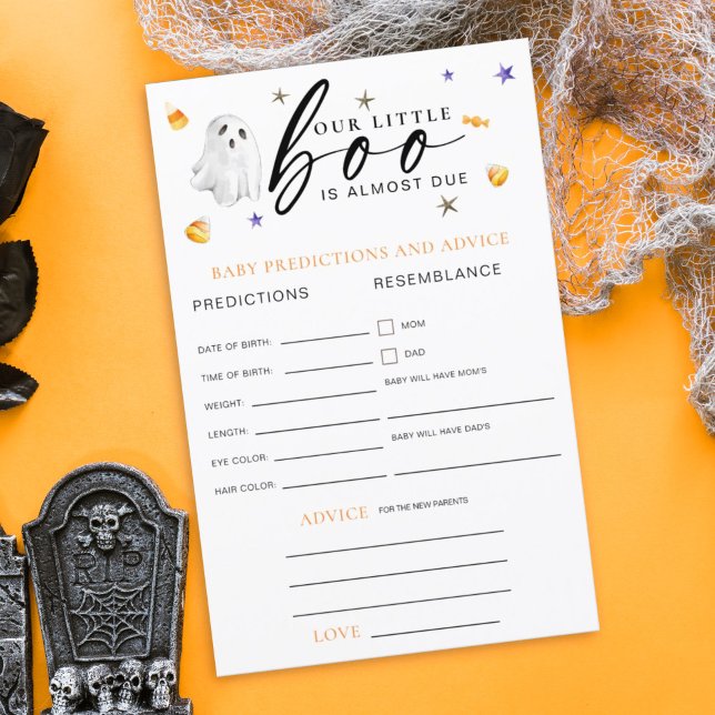 Lámina Consejo de Predicciones para Bebés Pequeños en Hal (Little boo is almost due themed advise and predictions baby shower card for a Halloween them shower.)