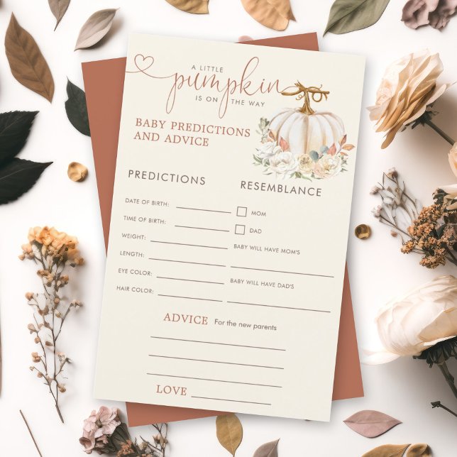 Lámina Consejo de Predicciones Rústicas para Bebés Pequeñ (A soon-to-be mom will love this watercolor autumn pumpkin floral design baby prediction and advice.)