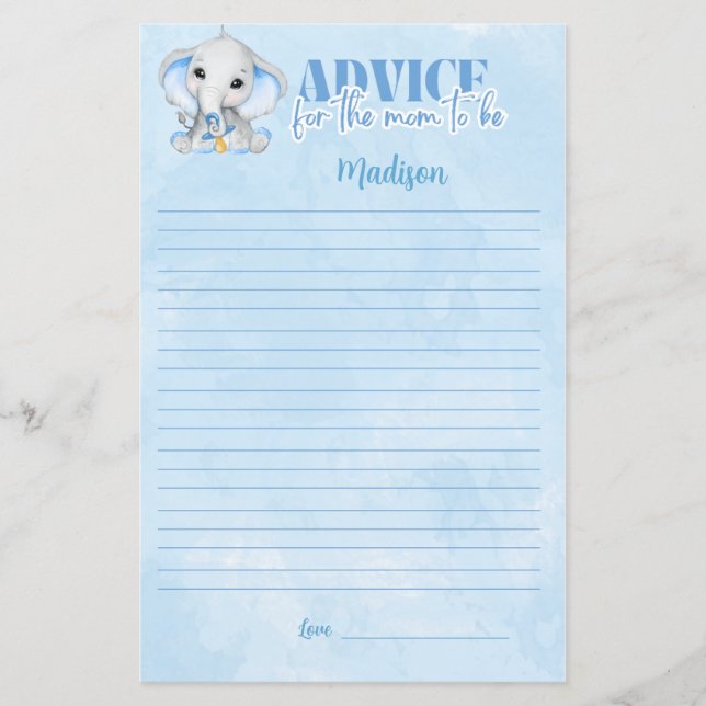 Lámina Consejos de elefante para el juego de Baby Shower  (Anverso)
