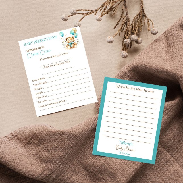 Lámina Consejos de predisposición de bebés para oso de pe (Teddy bear baby shower Baby predictions and advice card bearly wait cute teddy aqua blue brown games)