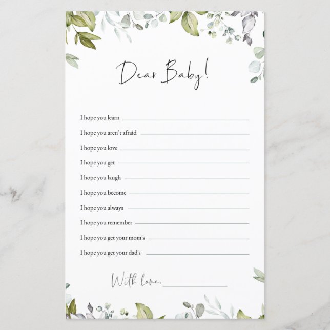 Lámina Consejos para Baby Shower de Greenery - Querido Be (Anverso)