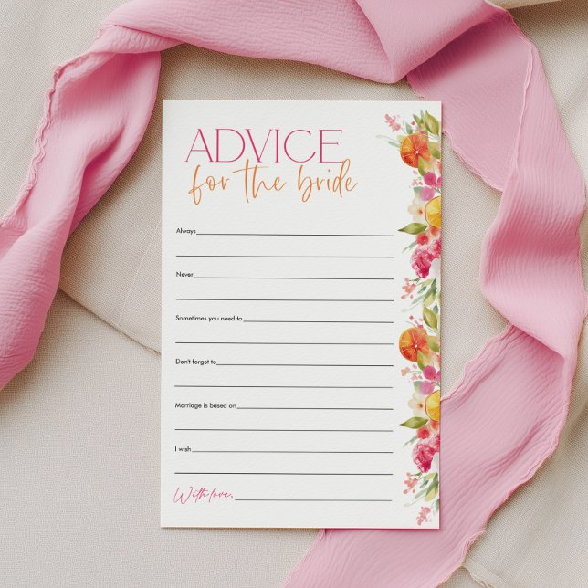 Lámina Consejos para la Novia Juego de Despedida de Solte (Advice for the Bride Bridal Shower Games | Bright floral citrus theme | Main Squeeze)