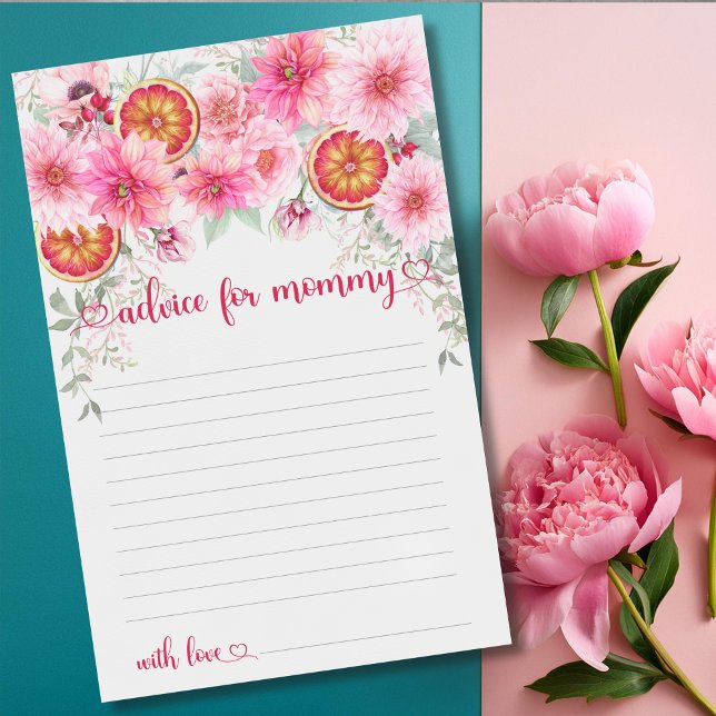 Lámina Consejos para la partida de Baby Shower rosa de cí (Advice for mommy baby shower game card, girl baby shower)