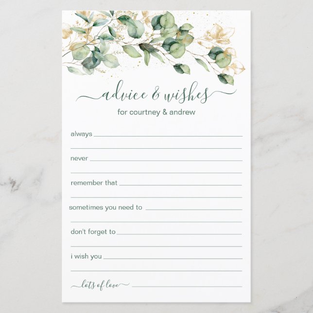 Lámina Consejos y deseos de boda de eucalipto (Anverso)