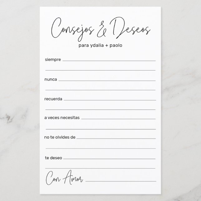 Lámina Consejos y Deseos de Boda en Español (Anverso)