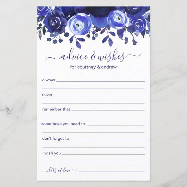 Lámina Consejos y Deseos de Boda Floral Azul  (Anverso)