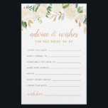 Lámina Consejos y deseos de la novia floral verde de oro<br><div class="desc">La nota de boda bridal Advice & Wishes para el Bride-to-Be presenta un elegante diseño de acuarela floral con rosas pintados, flores ranunculus y hojas en tonos neutros primavera y verano de blanco, crema, rosa rubor, oro, oro rosa y verde. La parte posterior de la tarjeta es de color negro...</div>
