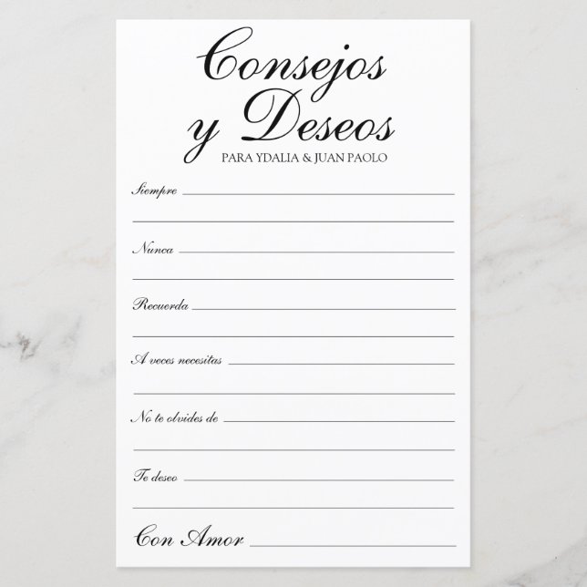 Lámina Consejos y Deseos en español (Anverso)