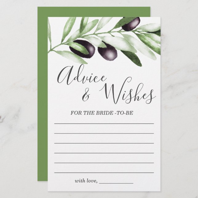 Lámina Consejos y deseos Olive Bridal Shower Game (Anverso / Reverso)