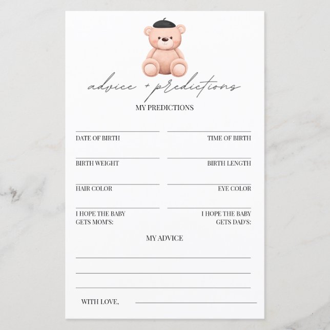Lámina Consejos y predicciones Bonjour Bebe Baby Shower (Anverso)